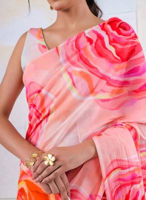 Multicolor original japan satin saree with digital print blouse 4