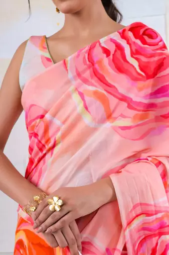 Multicolor original japan satin saree with digital print blouse