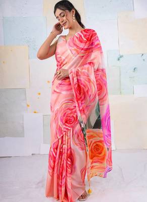 Multicolor original japan satin saree with digital print blouse 5