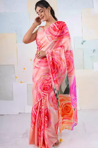 Multicolor original japan satin saree with digital print blouse
