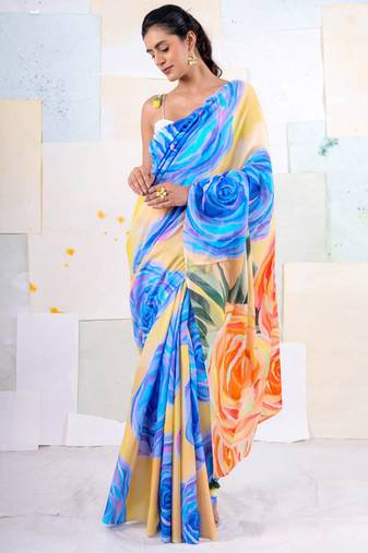 Multicolor original japan devsena satin saree japan satin digital print blouse