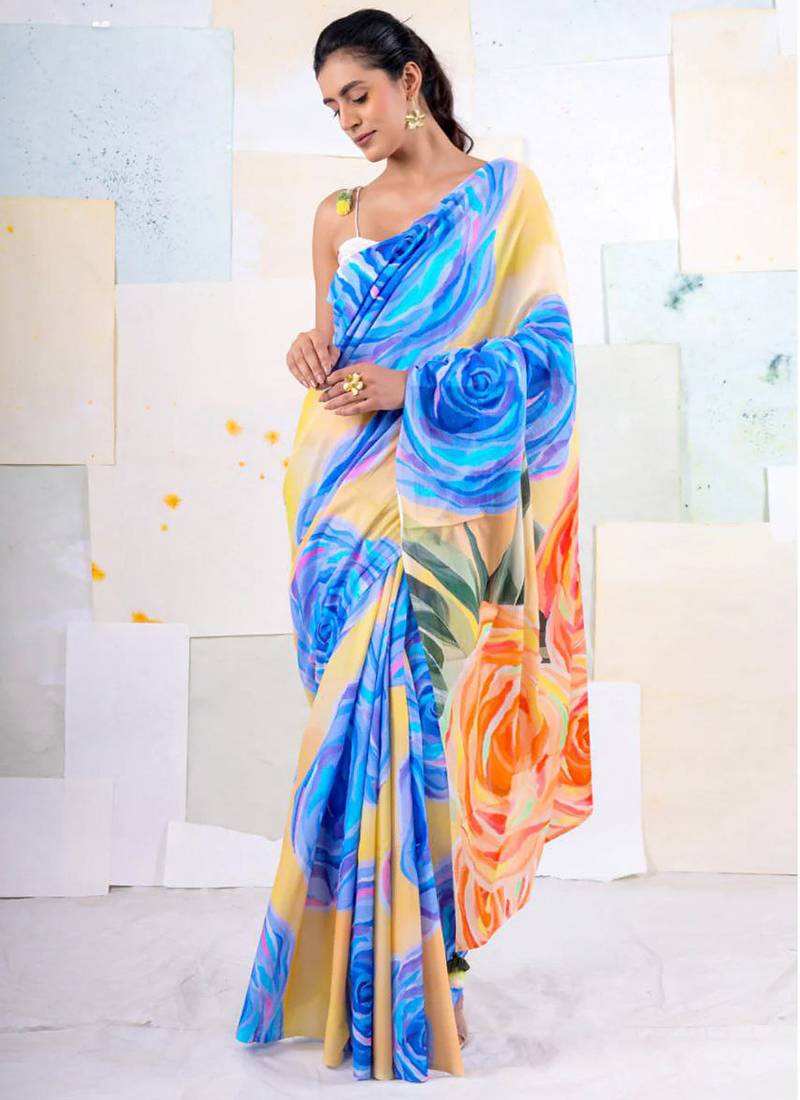 Multicolor original japan devsena satin saree japan satin digital print blouse