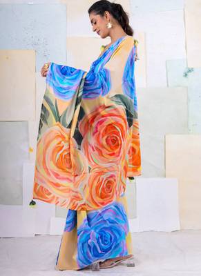 Multicolor original japan satin saree with digital print blouse 2