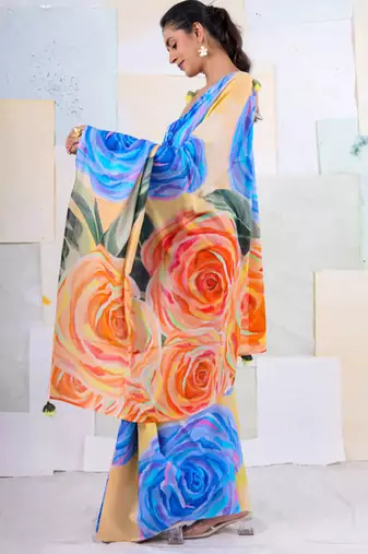 Multicolor original japan satin saree with digital print blouse