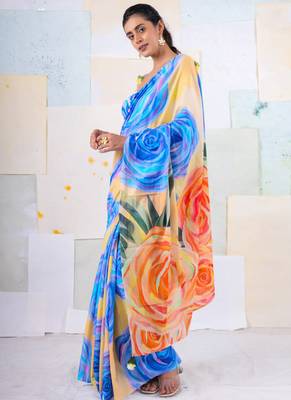 Multicolor original japan satin saree with digital print blouse 3