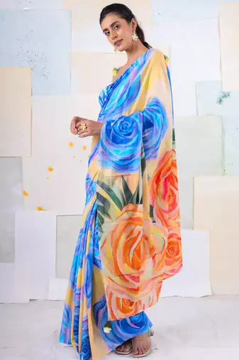 Multicolor original japan satin saree with digital print blouse