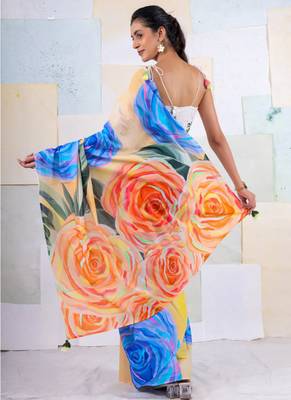 Multicolor original japan satin saree with digital print blouse 4