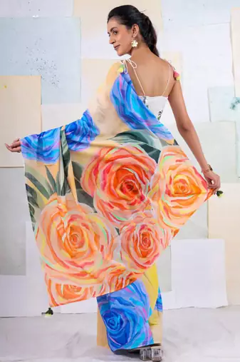 Multicolor original japan satin saree with digital print blouse