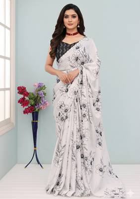 white silk blend digital printed saree with swarovski diamond work & blouse piece 2