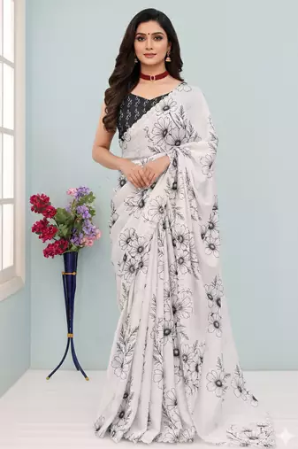white silk blend digital printed saree with swarovski diamond work & blouse piece