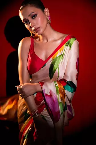 Off white original japan devsena satin saree japan satin digital print blouse