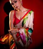 Off white original japan devsena satin saree japan satin digital print blouse