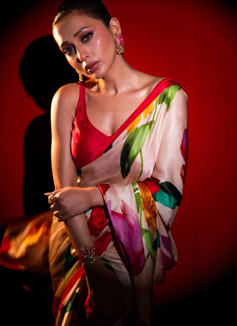 Off white original japan devsena satin saree japan satin digital print blouse