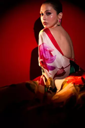 Off white original japan satin saree with digital print blouse