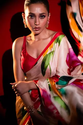 Off white original japan satin saree with digital print blouse