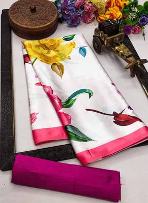 Off white original japan satin saree with digital print blouse 5