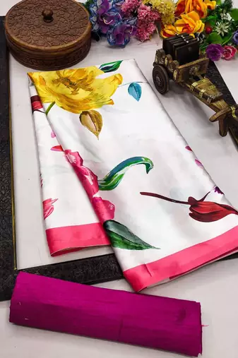 Off white original japan satin saree with digital print blouse