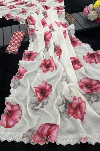 white silk blend digital printed saree with swarovski diamond work & blouse piece