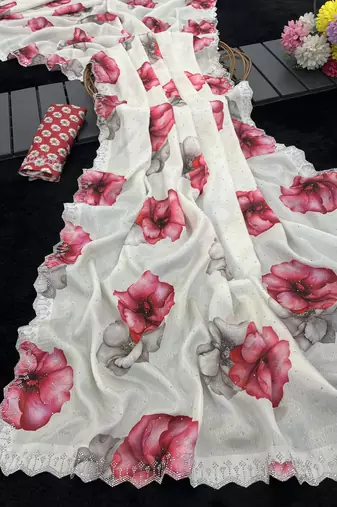 white silk blend digital printed saree with swarovski diamond work & blouse piece