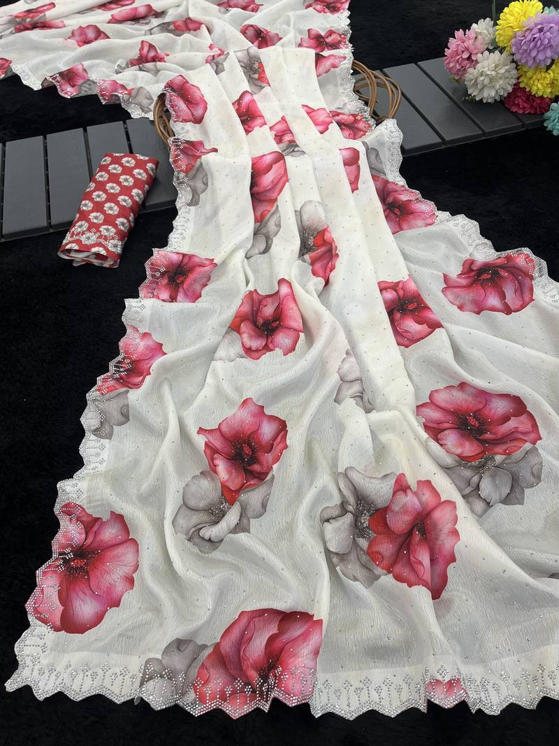 white silk blend digital printed saree with swarovski diamond work & blouse piece