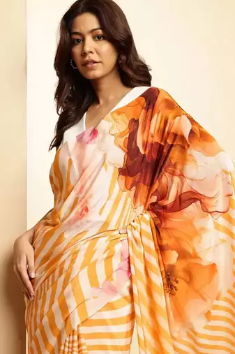 Multicolor original japan satin saree with digital print blouse