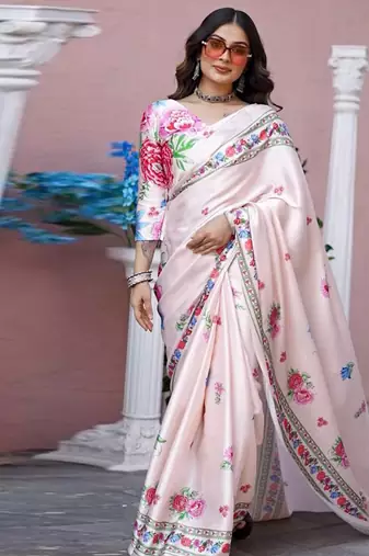 Off white original japan devsena satin saree japan satin digital print blouse