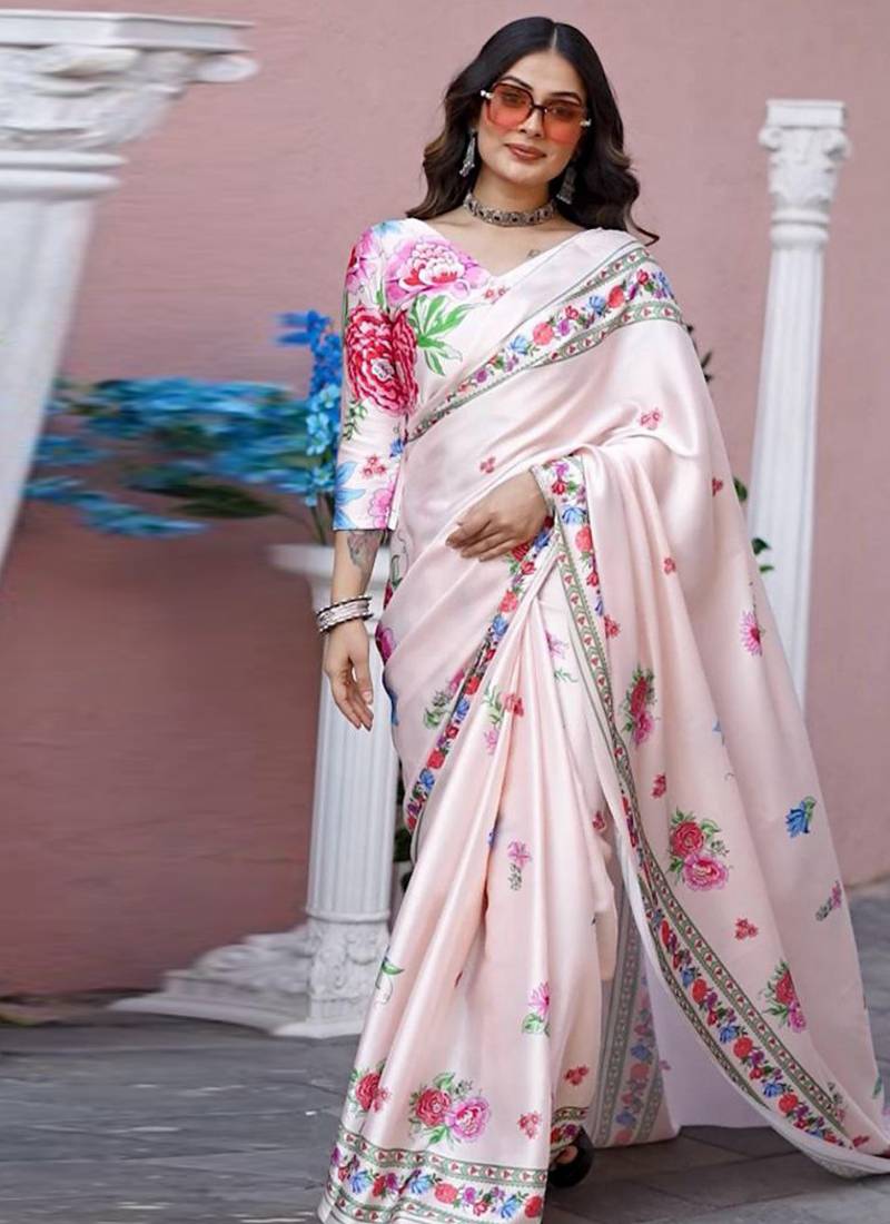 Off white original japan devsena satin saree japan satin digital print blouse