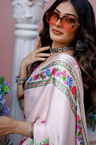 Off white original japan satin saree with digital print blouse