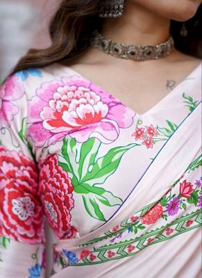 Off white original japan satin saree with digital print blouse 3