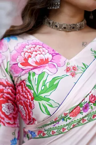 Off white original japan satin saree with digital print blouse