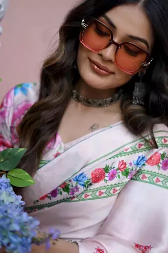 Off white original japan satin saree with digital print blouse