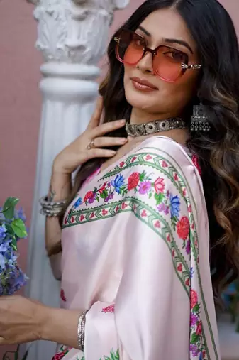 Off white original japan satin saree with digital print blouse