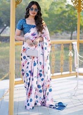 White original japan satin saree with digital print blouse 1
