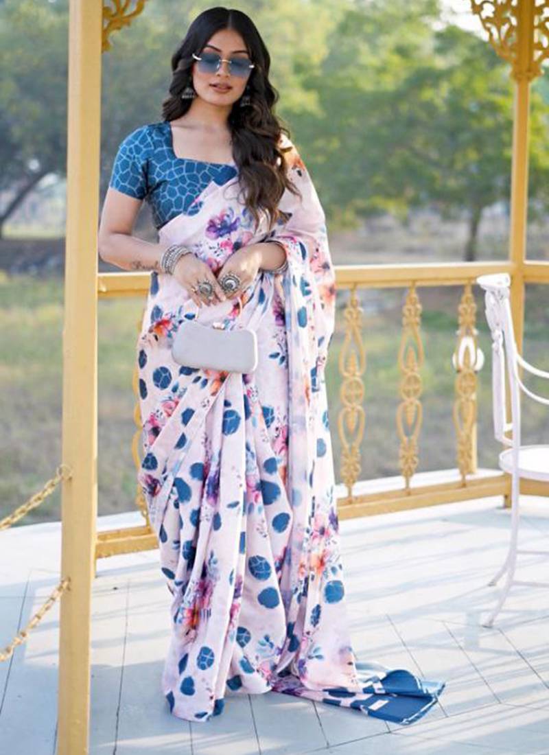 White original japan devsena satin saree japan satin digital print blouse