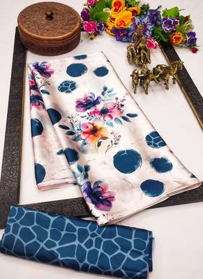 White original japan satin saree with digital print blouse 3