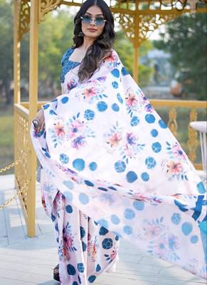 White original japan satin saree with digital print blouse 4