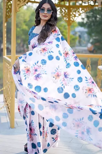 White original japan satin saree with digital print blouse