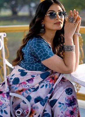 White original japan satin saree with digital print blouse 5