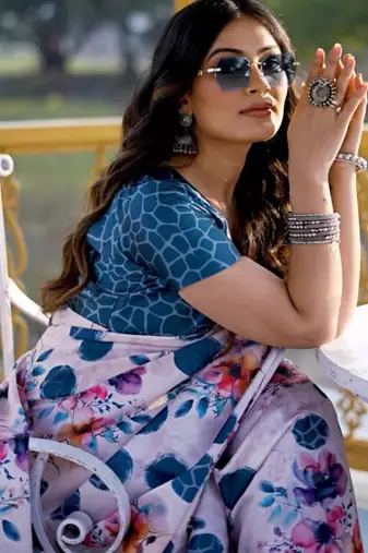 White original japan satin saree with digital print blouse