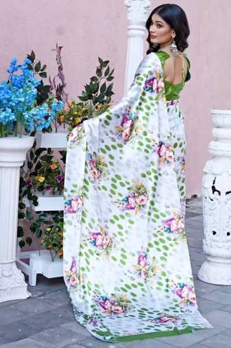 White original japan devsena satin saree japan satin digital print blouse