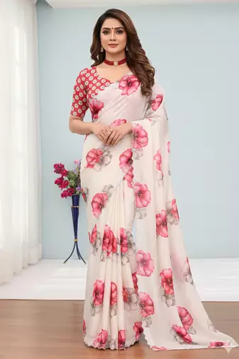 white silk blend digital printed saree with swarovski diamond work & blouse piece