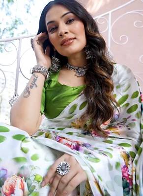 White original japan satin saree with digital print blouse 2