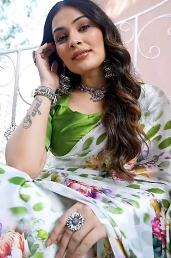 White original japan satin saree with digital print blouse