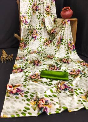 White original japan satin saree with digital print blouse 5