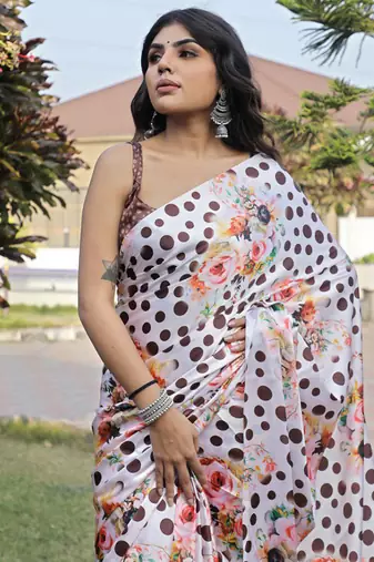 White original japan devsena satin saree japan satin digital print blouse