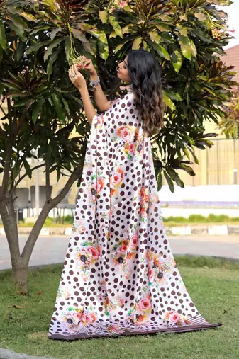 White original japan satin saree with digital print blouse