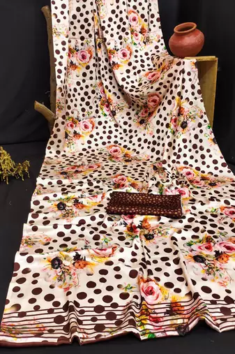 White original japan satin saree with digital print blouse