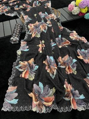 black silk blend digital printed saree with swarovski diamond work & blouse piece 1