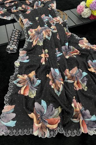 black silk blend digital printed saree with swarovski diamond work & blouse piece