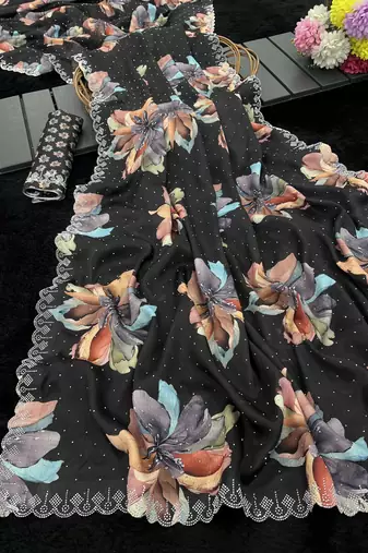 black silk blend digital printed saree with swarovski diamond work & blouse piece